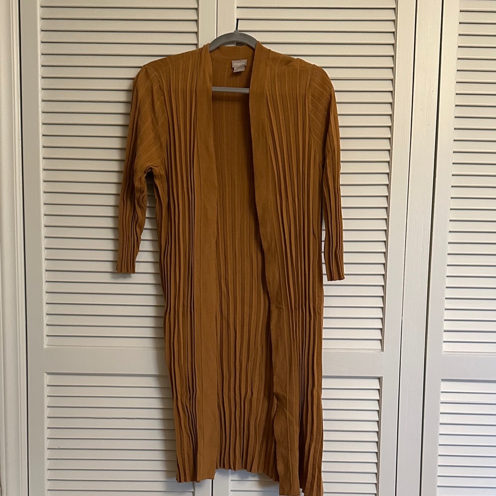 Chico's Long Sleeve Tan Pleated Duster